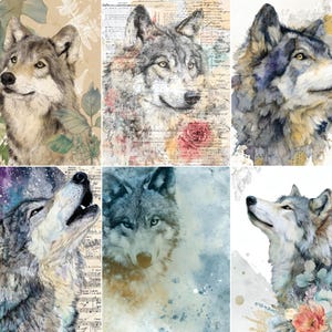 May include: A collection of six artistic prints featuring gray wolves in various settings. The images include wolves with botanical elements, vintage script backgrounds, watercolor splashes, a howling wolf against a musical score, and floral accents.