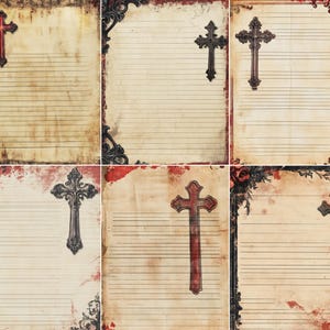 52 Gothic Faith Lined Pages, Vintage Letter Writing Paper with Cross Corner, Red Black Designs for Journals & Scrapbook, Digital Download