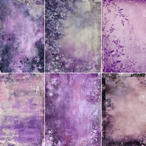 May include: Six digital art backgrounds in shades of purple, lavender, and grey. The textures vary from splattered paint to floral and leaf patterns, creating a vintage or grunge aesthetic. The overall theme is artistic and abstract.