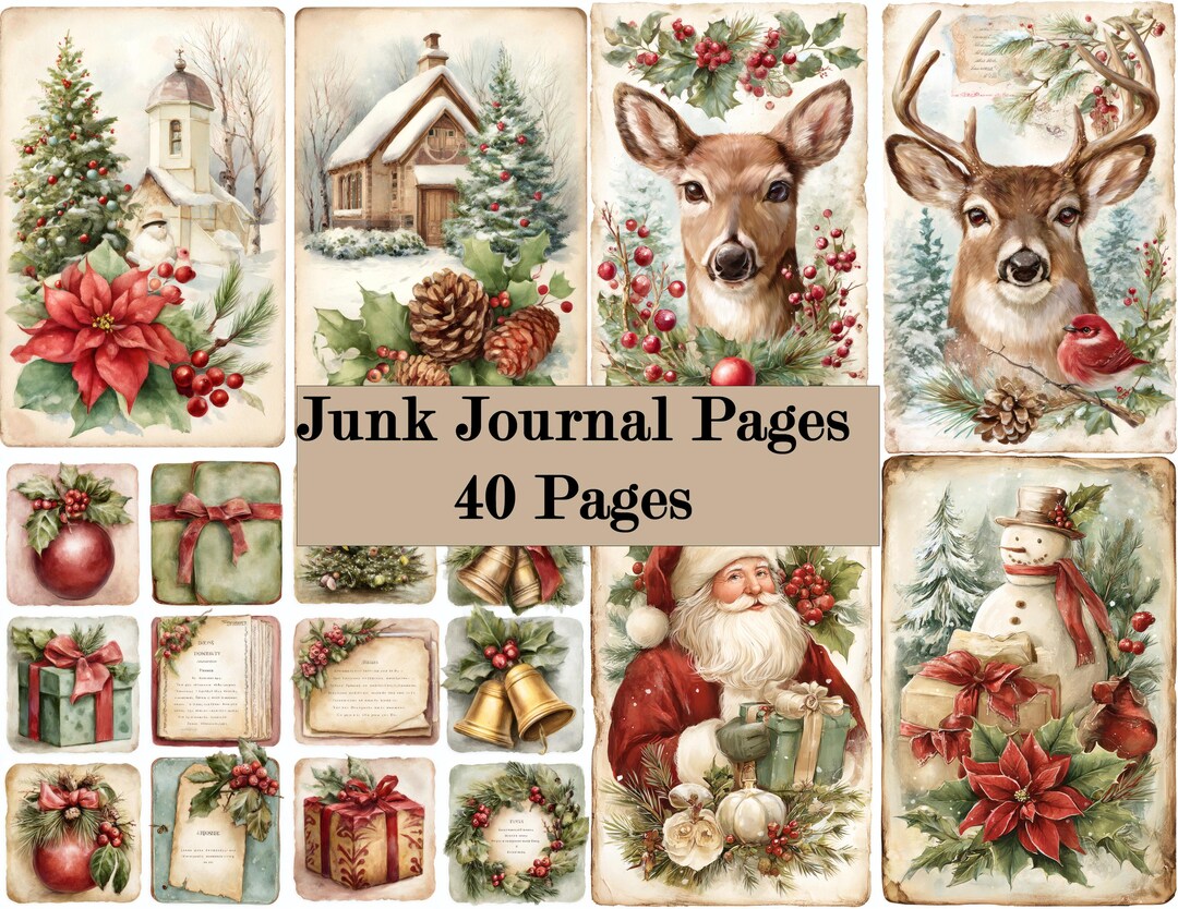 Christmas Junk Journal Kit Printable, 40 Vintage Holiday Journal Pages ...