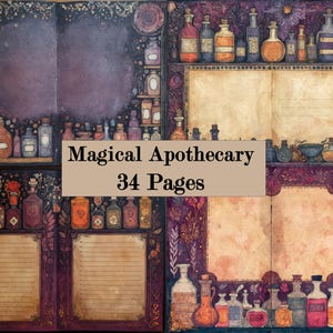 Puede incluir: Una impresión artística digital con temática de boticario mágico. La imagen muestra estanterías llenas de varios frascos y botellas de pociones. El texto "Magical Apothecary 34 Pages" se muestra en una pancarta marrón. La paleta de colores incluye tonos de morado, marrón y dorado.