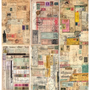 May include: A collage of vintage ephemera, including aged paper, stamps, and handwritten notes. The composition features a variety of colors, from faded browns and tans to pops of red, purple, and yellow. The arrangement creates a layered, textured effect.