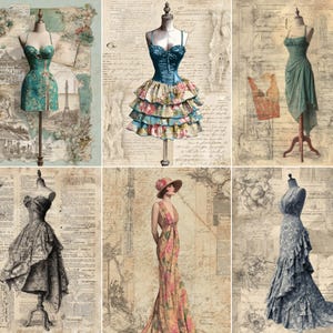 May include: A collage of six panels featuring various dresses displayed on mannequins or worn by a person. The garments include a teal floral mini dress, a blue corset dress with a ruffled skirt, a draped green dress, a black and white patterned dress, a floral maxi dress with a hat, and a blue ruffled gown.