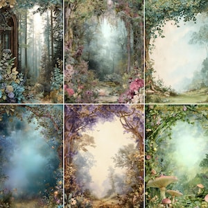 Op de afbeelding: Een verzameling van zes fantasie boskunstprints. Elke print toont een andere bosscène met weelderig gebladerte, bomen en een zachte, etherische gloed. Het kleurenpalet omvat groen, blauw, paars en bruin, wat een grillige sfeer creëert.
