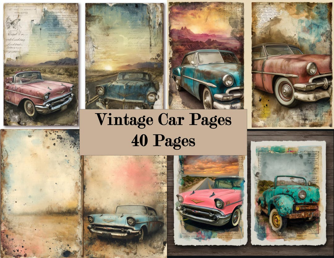 Car Notes Journal Vintage Car Junk Journal Pages, Retro Automobile Panels, Classic Car ...