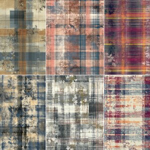 May include: A collection of six abstract fabric designs. Each design features a plaid pattern with floral and distressed textures. The color palettes include shades of brown, blue, pink, and purple, creating a vintage aesthetic.