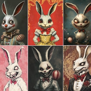 May include: Six digital art prints featuring anthropomorphic rabbits with unsettling expressions. The rabbits are depicted in various outfits, including a clown costume, a Victorian dress, and a tuxedo. Each rabbit has sharp teeth and menacing eyes.