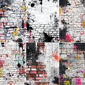 Könnte beinhalten: Eine Collage aus sechs Bildern mit Backsteinmauern mit abstrakten Farbspritzern und handschriftlichen Textüberlagerungen. Die Farbpalette umfasst Schwarz, Weiß, Rot, Gelb, Rosa und Blau und erzeugt eine verwitterte, künstlerische Ästhetik. Das Mauerwerk ist sichtbar.