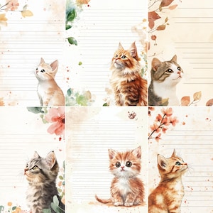 May include: Watercolor-style stationery featuring adorable kittens. Each sheet has a lined writing area, with a different kitten illustration in shades of orange, brown, and gray. Floral and leaf accents in soft colors frame the top and bottom of each page.