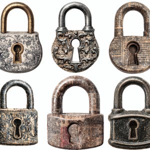 May include: A collection of six decorative padlocks featuring various finishes and patterns. The locks display designs including floral motifs, vintage newspaper print, and weathered metallic textures, each with a central keyhole opening.