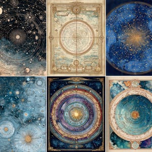 May include: A collection of six vintage celestial charts. Each chart features intricate illustrations of constellations, planets, and celestial bodies. The color palette includes blues, golds, and creams, creating a classic, antique aesthetic. The charts are framed with decorative borders.