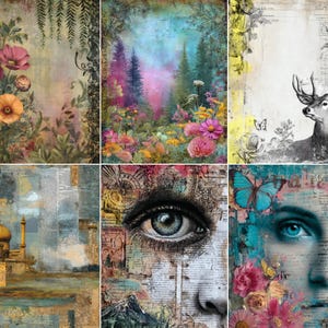 May include: A collection of six mixed media art prints. The prints feature floral, landscape, and portrait themes. The color palette includes soft pastels, vibrant hues, and grayscale tones. The art style blends vintage and contemporary elements.