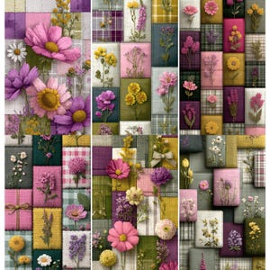 Könnte beinhalten: Ein Patchwork-Design mit verschiedenen Blumenarrangements. Das Design integriert Stoffquadrate in Rosa-, Lila-, Gelb- und Grüntönen mit karierten und einfarbigen Hintergründen. Die Blumen umfassen Gänseblümchen, Sonnenblumen und andere detaillierte Blüten.