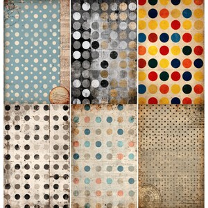 Peut inclure: Un collage de six motifs de papier à motifs. Les motifs présentent des pois de différentes couleurs, dont le bleu, le rouge, le jaune et le noir, sur des fonds texturés. Certains motifs ont un aspect vintage et vieilli.