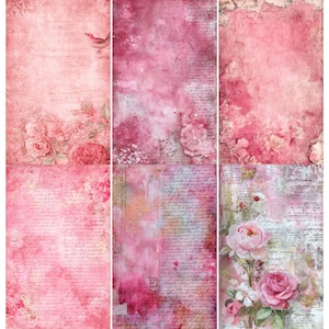Könnte beinhalten: Sechs Blätter rosa- und rosafarbenes Papier mit floralen und Schriftmustern. Die Papiere zeigen Rosen, Schmetterlinge und einen Vogel, mit unterschiedlichen Texturen und Rosatönen, die eine Vintage-Ästhetik erzeugen. Ideal zum Scrapbooking und Basteln.