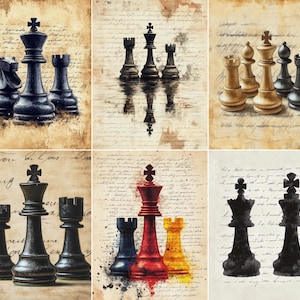 59 Animated Chess Journal Pages, Watercolor Strategy Collage Papers, Vintage Script Ephemera for Junk Journals Digital Download