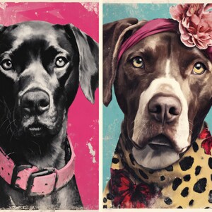 May include: Two dog portraits. The left features a black dog with a pink collar against a pink background. The right shows a brown and white dog wearing a pink headband and a yellow leopard print scarf, set against a blue background.
