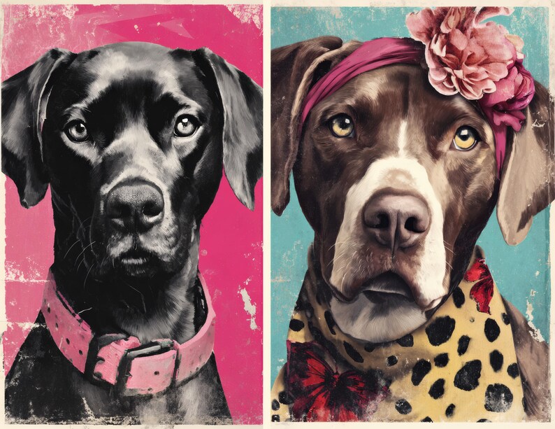 May include: Two dog portraits. The left features a black dog with a pink collar against a pink background. The right shows a brown and white dog wearing a pink headband and a yellow leopard print scarf, set against a blue background.