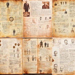 May include: A collection of vintage-style documents with sketches and handwritten notes. The aged paper has a sepia tone, with portraits, diagrams, and text. The documents appear to be historical records or artistic renderings.