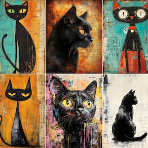 Può includere: Una collezione di sei distinte stampe artistiche raffiguranti gatti neri in vari stili. Le immagini includono sagome stilizzate, ritratti realistici e composizioni astratte con sfondi vivaci nei toni dell'arancione, del turchese e del bianco testurizzato.