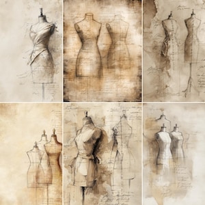 May include: A collage of six sepia-toned sketches of dressmaker's mannequins. The drawings vary in detail, some showing draped fabric and others just the form. The background is a parchment-like texture with faint script.