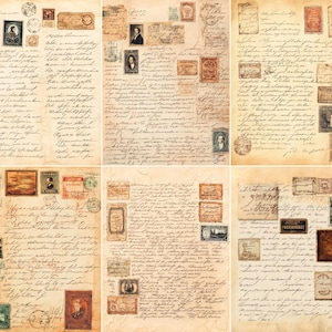 52 Letter Writing Pages, Vintage Correspondence Junk Journal, Cursive Script Paper, Old Postal Stamp, Scrapbook Supplies, Digital Download