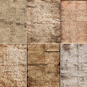 Könnte beinhalten: Eine Collage aus sechs gealterten, handgeschriebenen Dokumenten. Das Papier hat ein vergilbtes, antikes Aussehen mit sichtbaren Flecken und Rissen. Die Schrift ist in dunkler Tinte gehalten, mit unterschiedlicher Lesbarkeit, was auf historische Korrespondenz oder Manuskripte hindeutet.