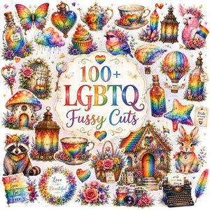 Może przedstawiać: Kolekcja ponad 100 naklejek z motywem tęczy, przedstawiających zwierzęta, kwiaty, serca, latarnie i domy, z napisem 100+ LGBTQ Fussy Cuts, Love is Beautiful, Love is Love oraz Love Be Free nadrukowanym na różnych elementach.