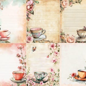 May include: A collection of six vintage-style stationery sheets. Each sheet features a teacup and saucer, floral accents, and lined paper. The colour palette includes soft pinks, greens, and browns, creating a romantic and nostalgic feel.