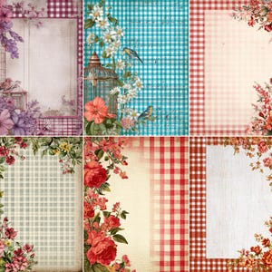 Può includere: Una collezione di sei carte digitali per scrapbook con motivi floreali e a quadretti. Le carte presentano vari schemi di colori, tra cui viola, verde acqua, rosso e crema, con composizioni floreali e accenti di gabbie per uccelli. Ideale per progetti di artigianato e design.