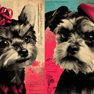 May include: A split image featuring two stylized dog portraits. One dog wears a red floral headpiece, the other a red beret. Both have black and white fur, set against a backdrop of pink, blue, and vintage paper textures.