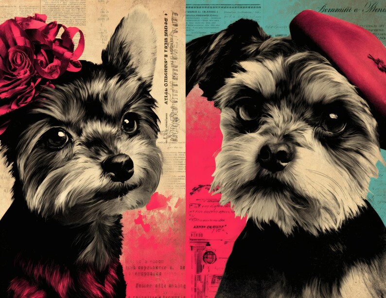 May include: A split image featuring two stylized dog portraits. One dog wears a red floral headpiece, the other a red beret. Both have black and white fur, set against a backdrop of pink, blue, and vintage paper textures.