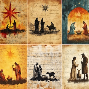 Könnte beinhalten: Ein Set aus sechs rechteckigen Drucken mit Krippenszenen, die Silhouetten von Figuren, Tieren und Sternen vor gealterten Pergamenthintergründen mit kursivem Schrifttext zeigen, gehalten in warmen Braun-, Gold-, Orange- und Blautönen.