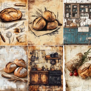 May include: A six-panel collage featuring illustrations of rustic bread loaves, wheat stalks, kitchen utensils, and vintage kitchen interiors. The images display warm brown, cream, and blue tones with a weathered, textured paper aesthetic throughout.