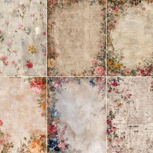 May include: A collection of six vintage-style papers with floral and script designs. The papers feature a variety of colors, including pink, red, yellow, and blue flowers. The backgrounds have a distressed, aged appearance.