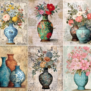 May include: A collage of six images featuring floral arrangements in decorative vases. The vases are in various colors and styles, including blue, green, and brown, with intricate patterns. The flowers are a mix of pink, red, yellow, and blue.
