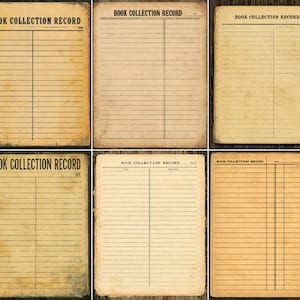Könnte beinhalten: Eine Sammlung von sechs rechteckigen Papierbögen mit Vintage-Optik und gealterten, beigefarbenen Texturen. Jeder Bogen ist oben mit dem Text "BOOK COLLECTION RECORD" bedruckt und enthält horizontale Linien sowie eine vertikale Trennlinie.