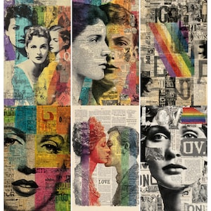 May include: A collage of six panels featuring vintage portraits and newspaper clippings. The panels display faces, couples, and a rainbow, with the word "LOVE" visible. The artwork uses a mix of colors and black and white.