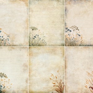 Op de afbeelding: Een set van zes rechthoekige briefpapierbladen met een verweerde, verouderde perkamenttextuur en horizontale lijnen. Elk blad toont een unieke illustratie van gedroogde wilde bloemen, grassen en botanische elementen in gedempte blauwe, gouden en bruine tinten.