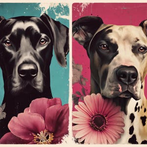May include: Two dog portraits with floral accents. One features a black dog against a teal background, the other a spotted dog against a pink background. Both have a vintage, artistic style.