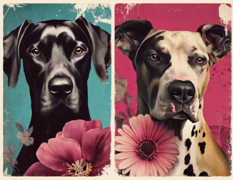 May include: Two dog portraits with floral accents. One features a black dog against a teal background, the other a spotted dog against a pink background. Both have a vintage, artistic style.