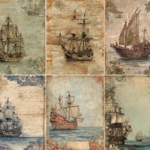May include: Set of six vintage-style prints featuring detailed illustrations of sailing ships on aged paper. The prints showcase various ship designs, with a color palette of sepia, blue, and red, evoking a sense of historical maritime exploration.
