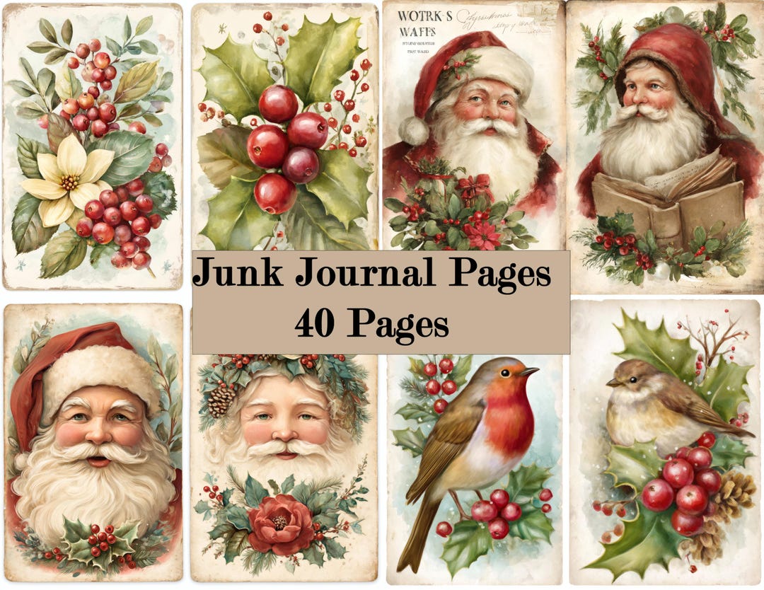 40 Vintage Christmas Junk Journal Pages Printable Kit, Retro Holiday ...