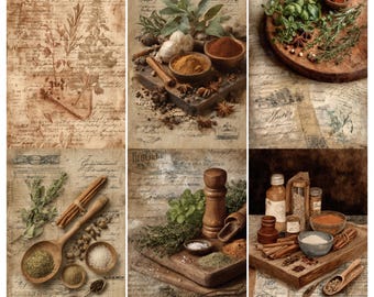 May include: A collage of images featuring various spices and herbs. The images include wooden bowls filled with spices, whole spices, and fresh herbs arranged on wooden cutting boards and spoons. The background is a vintage paper with handwritten script.