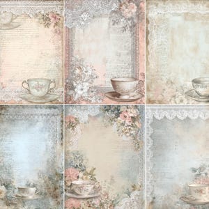Op de afbeelding: Een verzameling van zes digitale papieren in vintage stijl. Elk papier toont een kop en schotel, bloemstukken en kanten randen. De achtergronden hebben een verouderde uitstraling met zachte pastelkleuren, wat een elegante, romantische esthetiek creëert.
