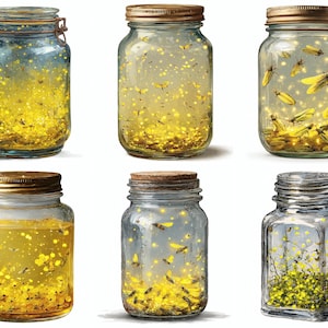 Peut inclure: Six bocaux en verre de formes et tailles variées, contenant chacun des lucioles jaunes lumineuses ou de petits éléments floraux jaunes. Les bocaux ont des couvercles en métal ou en liège et des corps en verre transparent.