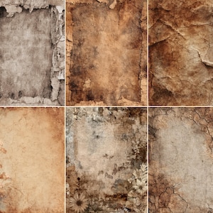 Può includere: Sei immagini di texture di carta invecchiata in tonalità marrone e beige. Le carte hanno bordi usurati, crepe e macchie, conferendo loro un aspetto vintage. Alcune includono dettagli floreali e botanici, evocando un'atmosfera rustica.