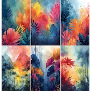 May include: Six watercolor paintings featuring vibrant tropical foliage in shades of red, orange, yellow, blue, and green. The artwork depicts large leaves and various plant life, creating a colorful and artistic display.