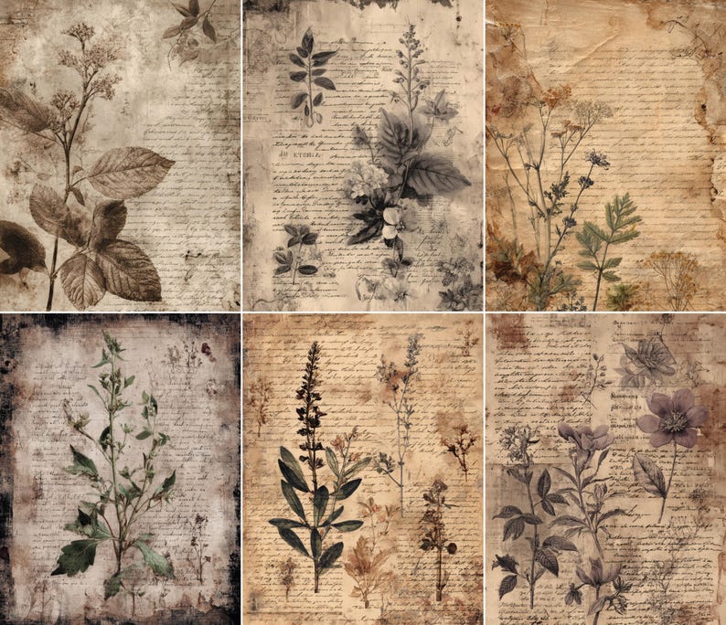May include: A collection of six vintage-style botanical prints. Each print features sepia-toned floral illustrations and handwritten script backgrounds. The prints showcase various plant species, including leaves, flowers, and stems, with a distressed, aged aesthetic.