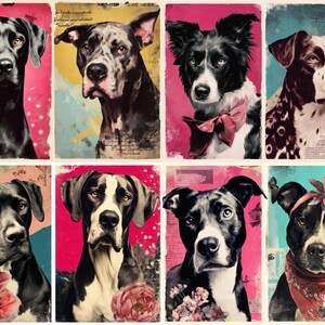May include: A collection of eight dog portraits in a vintage style. Each dog is depicted in a close-up, with a pink, yellow, or blue background. Some dogs have floral accents or bows. The artwork has a distressed, aged appearance.
